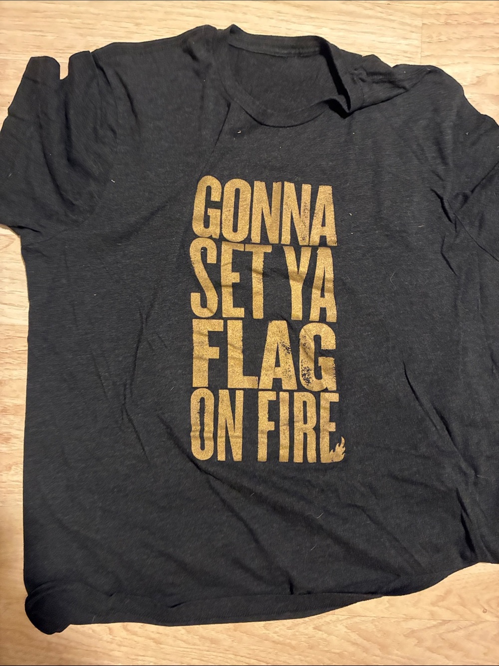 Black Kids' Graphic Tee with Gold Text - Gonna Set Ya Flag On Fire